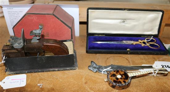 Dunhill flintlock pistol table lighter, boxed, Mappin & Webb presentation shears (S.D/T. Lord Hood 1925) and 3 other items
